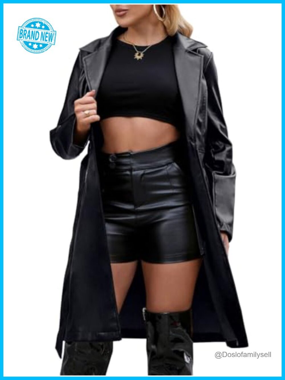Faux Leather Trench Coat Long Loose Button Front Belted